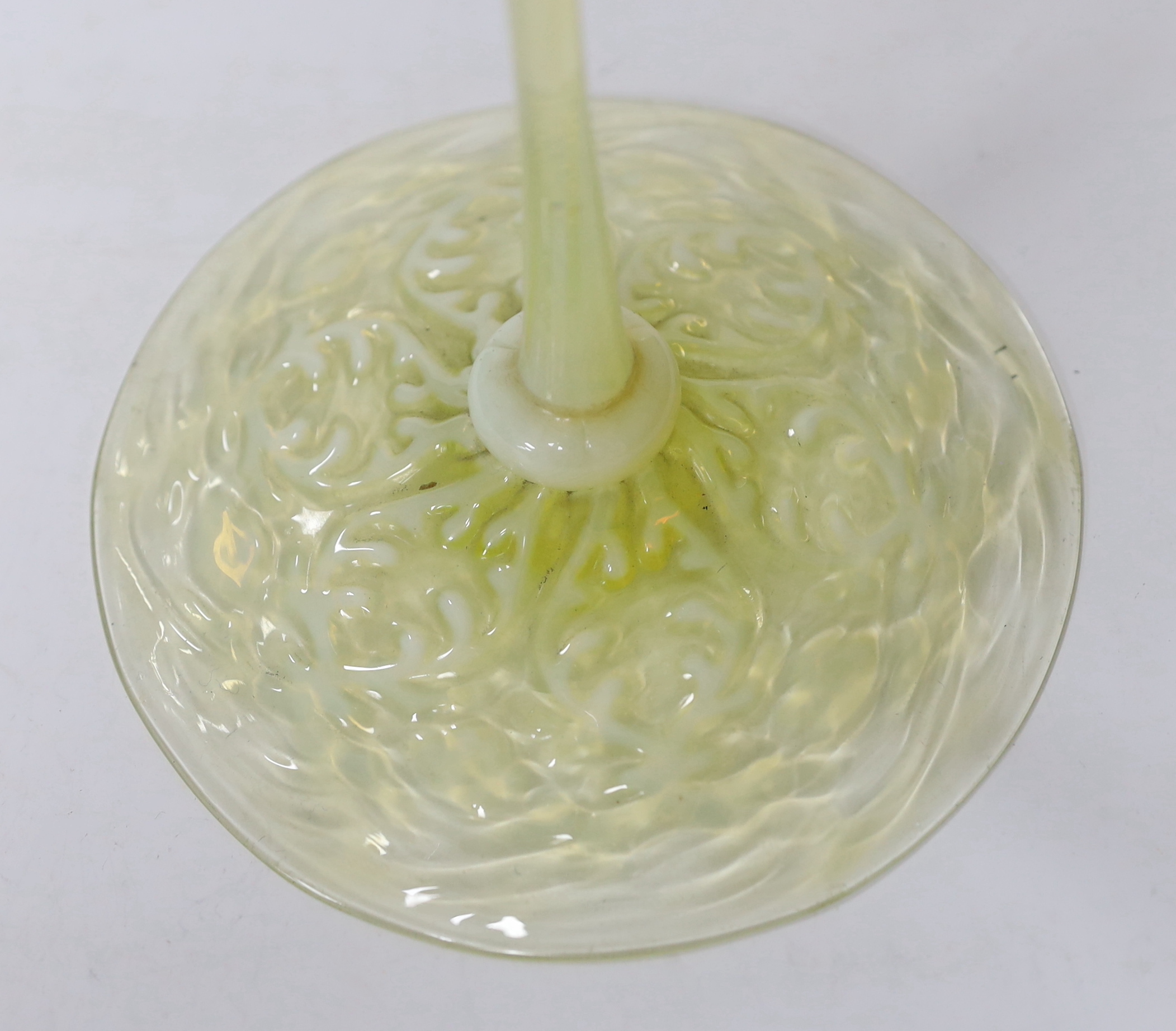 An Edwardian vaseline long stem vase, possibly by Thomas Webb, 31cm high